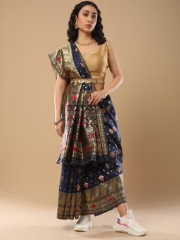 Akhilam - Women's Silk Blend Navy Blue Woven Design Celebrity Saree with Unstitched Blouse