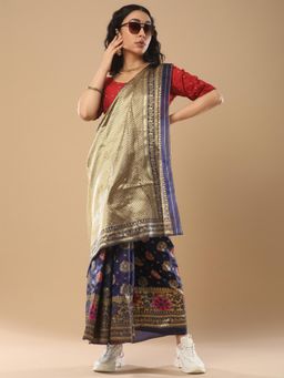 Akhilam - Women's Silk Blend Navy Blue Woven Design Celebrity Saree with Unstitched Blouse