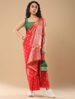 Akhilam - Women's Silk Blend Red Woven Design Celebrity Saree with Unstitched Blouse