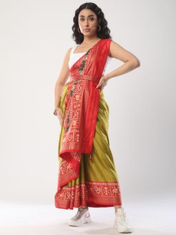 Akhilam - Women's Silk Blend Olive Woven Design Designer Saree with Unstitched Blouse