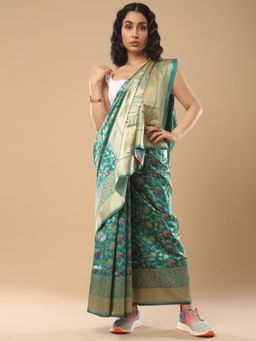 Akhilam - Women's Silk Blend Green Woven Design Celebrity Saree with Unstitched Blouse