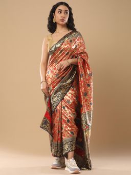 Akhilam - Women's Silk Blend Red Woven Design Celebrity Saree with Unstitched Blouse