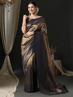 Akhilam - Women's Silk Blend Navy Blue Woven Design Designer Saree with Unstitched Blouse