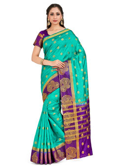 Mimosa - Teal Kanjivaram Style Art Silk Saree With Unstitched Blouse
