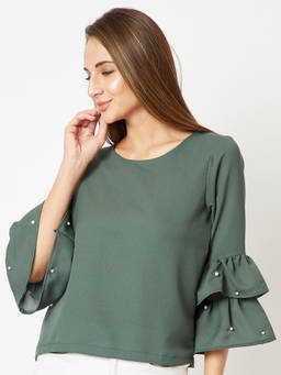 Miss Chase - Green Round Neck Full Sleeve Solid Pearl Detailing Frilled Layered Ruffled Top