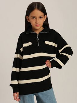 VERO MODA - Girl Black and White Striped Black Sweater