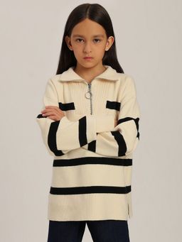 VERO MODA - Girl Black and Beige Striped Beige Sweater