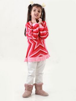 Knitco - Girls Round Neck Acrylic Full Sleeve Pink Sweater