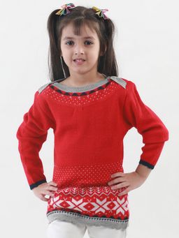 Knitco - Girls Round Neck Acrylic Full Sleeve Red Sweater