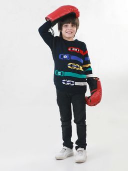 Knitco - Boys Round Neck Acrylic Full Sleeve Navy Blue Sweater