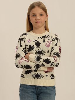 VERO MODA - Girl Printed Round Neck Beige Sweater