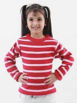 Knitco - Round Neck Striped Full Sleeve Acrylic Skivi Red Sweater