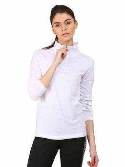 ap'pulse - Women High Neck Zipper Raglan Long Sleeve White T-Shirt