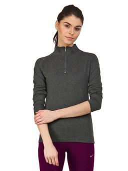 ap'pulse - Women High Neck Zipper Raglan Long Sleeve Charcoal T-Shirt