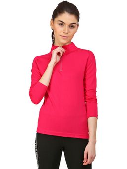 ap'pulse - Women High Neck Zipper Raglan Long Sleeve Pink T-Shirt
