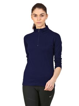 ap'pulse - Women High Neck Zipper Raglan Long Sleeve Navy Blue T-Shirt