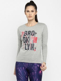 ap'pulse - Grey Women Round Neck Long Sleeve Printed T-Shirt