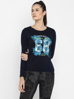 ap'pulse - Navy Blue Women Round Neck Printed T-Shirt