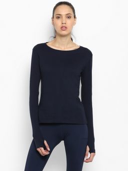 ap'pulse - Women Round Neck Full Sleeves Navy Blue T-Shirt