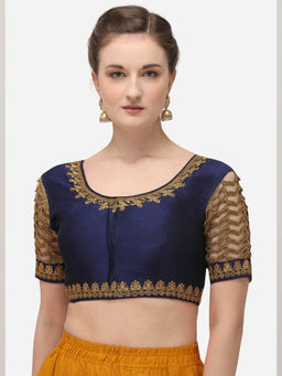 Amrutam Fab - Womens Embroidered Navy Blue Phantom Silk Stiched Blouse With Round Neck
