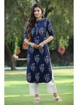 Juniper - Indigo Bandhani Printed Rayon Slub Straight Kurta with Buttons