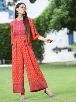 Juniper - Coral Ethnic Motif Printed Rayon Flared Jumpsuit.