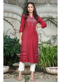 Juniper - Maroon Bandhani Printed Rayon Slub A-Line Kurta.