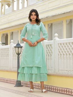 Juniper - Sage Green Cotton Embroidered Layered Maxi Dress with Dori Tassels