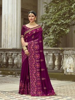 Odette - Purple Stunning Embroidered Art Silk Saree with Unstitched Blouse