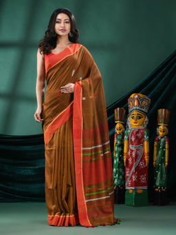 Angoshobha - Women Mustard Cotton Woven Saree with Unstitched Blouse
