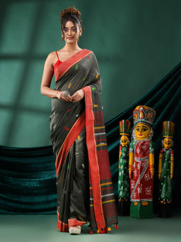 Angoshobha - Women Grey Cotton Woven Saree with Unstitched Blouse