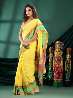 Angoshobha - Women Yellow Cotton Woven Saree with Unstitched Blouse