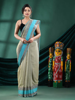 Angoshobha - Women Green Cotton Woven Saree with Unstitched Blouse