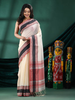 Angoshobha - Women Off White Cotton Woven Saree with Unstitched Blouse