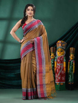 Angoshobha - Women Olive Cotton Woven Saree with Unstitched Blouse
