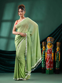 Angoshobha - Women Green Cotton Embellished Woven Saree
