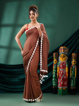 Angoshobha - Women Brown Cotton Embellished Woven Saree