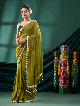 Angoshobha - Women Green Cotton Embellished Woven Saree