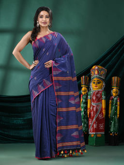 Angoshobha - Women Navy Blue Cotton Woven Saree with Unstitched Blouse