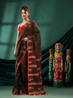 Angoshobha - Women Brown Cotton Woven Saree with Unstitched Blouse