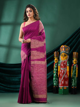Angoshobha - Women Magenta Blended Fabric Stripes Woven Saree with Unstitched Blouse