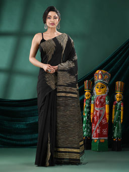 Angoshobha - Women Black Blended Fabric Stripes Woven Saree with Unstitched Blouse