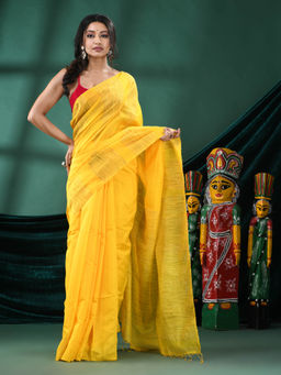 Angoshobha - Women Yellow Blended Fabric Stripes Woven Saree with Unstitched Blouse