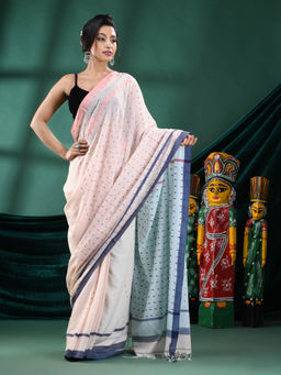 Angoshobha - Women Cream Cotton Woven Saree with Unstitched Blouse