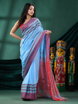 Angoshobha - Women Blue Cotton Woven Saree with Unstitched Blouse