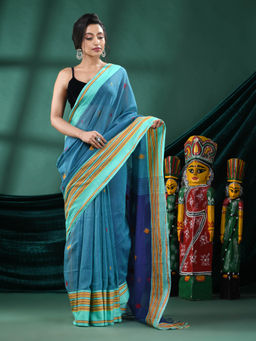 Angoshobha - Women Blue Cotton Woven Saree with Unstitched Blouse