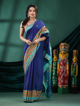 Angoshobha - Women Navy Blue Cotton Woven Saree with Unstitched Blouse
