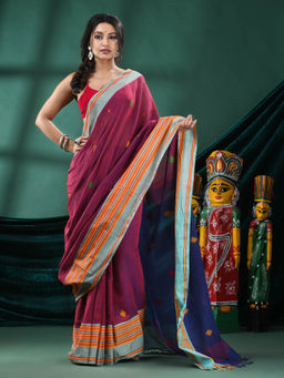 Angoshobha - Women Wine Cotton Woven Saree with Unstitched Blouse