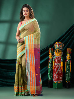 Angoshobha - Women Green Cotton Woven Saree with Unstitched Blouse