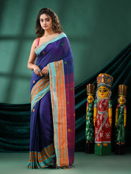 Angoshobha - Women Blue Cotton Woven Saree with Unstitched Blouse